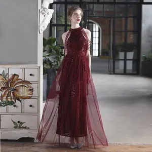 indah gaun malam untuk acara-acara khusus Suppliers-18672 #2021 Mode Baru Gaun Panjang Lantai Berpayet Gaun Bola Renda Coklat Malam Panjang Leher-o