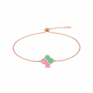 Green with Pink Enamel Design <b>Clover</b> Shape Charm <b>Bracelet</b> Turkish Handmade Wholesale 925 Sterling Silver Jewelry - Product Image 2