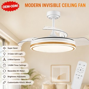 Modern 42 inch White Invisible <b>Ceiling</b> Fan with <b>Light</b> and <b>Remote</b> <b>Control</b> Retractable Blades Reversible DC Motor LED Fan <b>Light</b> fo - Product Image 1