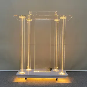 Suporte de púlpito em vidro acrílico transparente com luz LED moderna e barata para igreja, design personalizado, preço baixo