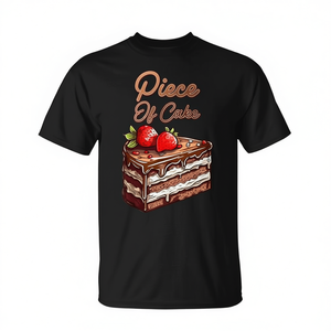 T-shirt unisexe pour adulte à manches courtes et col rond, imprimé numériquement, motif 'Piece Of Cake' Gâteau aux fraises et au chocolat en tranches, promotionnel - Product Image 2