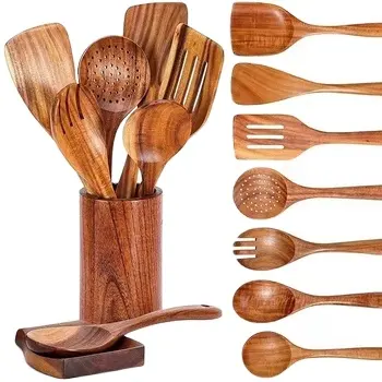יצרן סיטונאי כלי בישול נון-סטיק מעץ טיק, סט כלי מטבח ביתי כפית ומרית מעץ לבישול עשוי