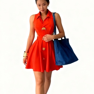 Vestido Elegante sin Mangas con Cuello Polo para Mujer, Vestido con Botones que Define la Cintura, Vestidos con Corte en A, Ropa de Mujer, Moda - Product Image 3