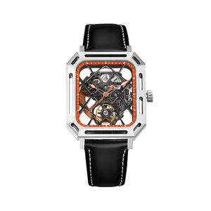 RTS Stylish Hollow Black Rectangular Self-winding Waterproof 5BAR 8215 Movement Housing Stainless Steel Mechanical Watches