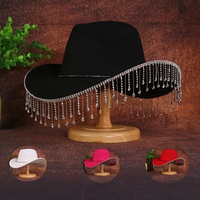 Chapeau de cowboy noir en feutre personnalisé avec franges en strass pour femmes, idéal pour les festivals de musique gothiques et les fêtes (vente en gros)