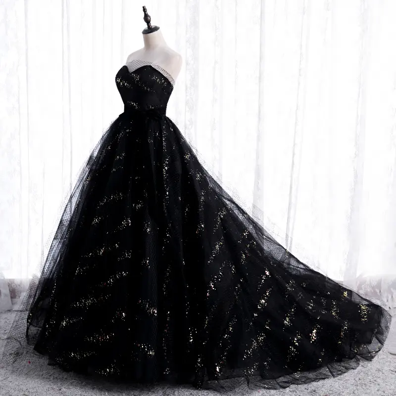 QUEENS GOWN off-spalla nero morbido tulle paillettes garza grossa filato duro vestito a bolle principessa elegante abito da ballo