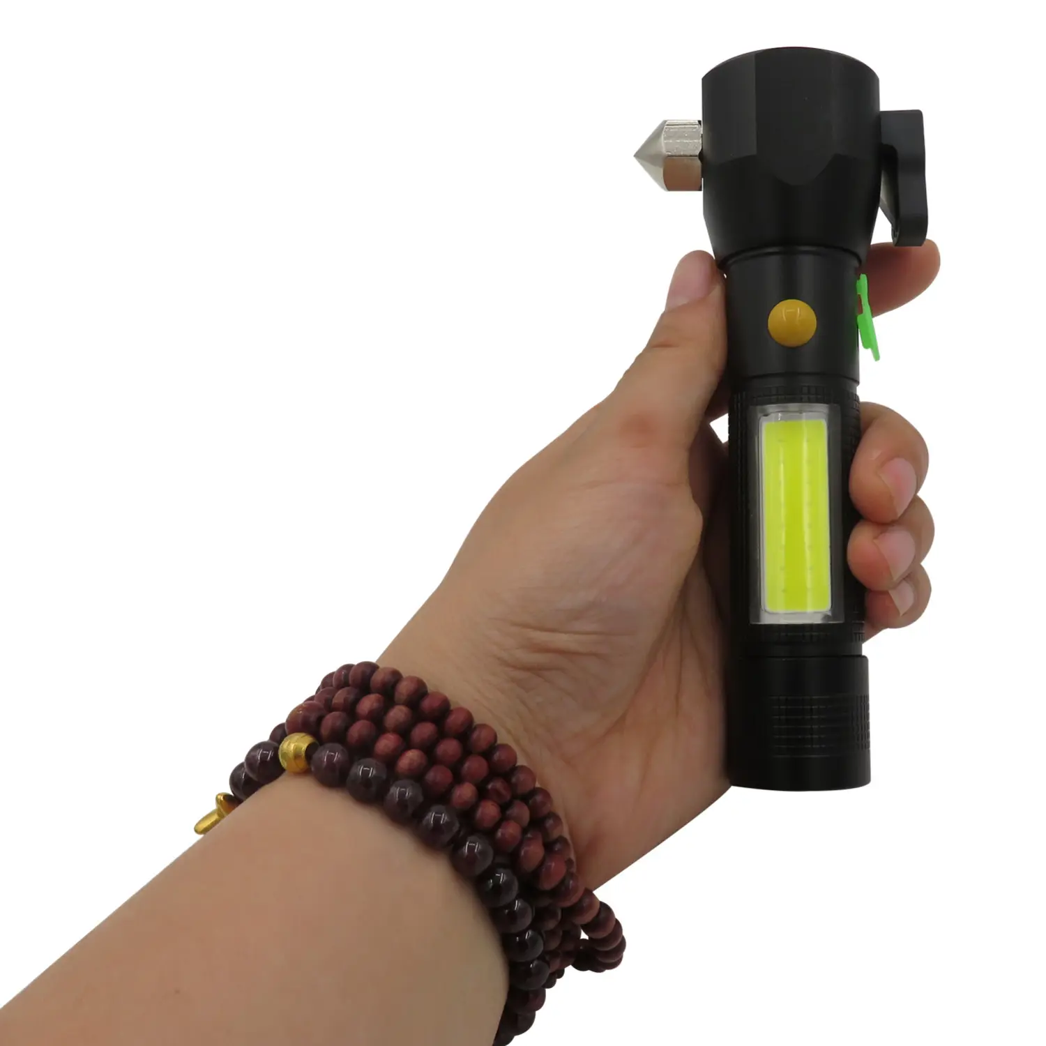 Emergency accessories rechargeable T6 COB led flashlight torch with safety hammer belt knife cutter