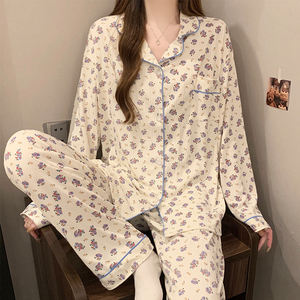 Милый мультяшный длинный рукав с принтом молочного шелка, удобные брюки с лацканами, кардиган, женская домашняя пижама - Product Image 5