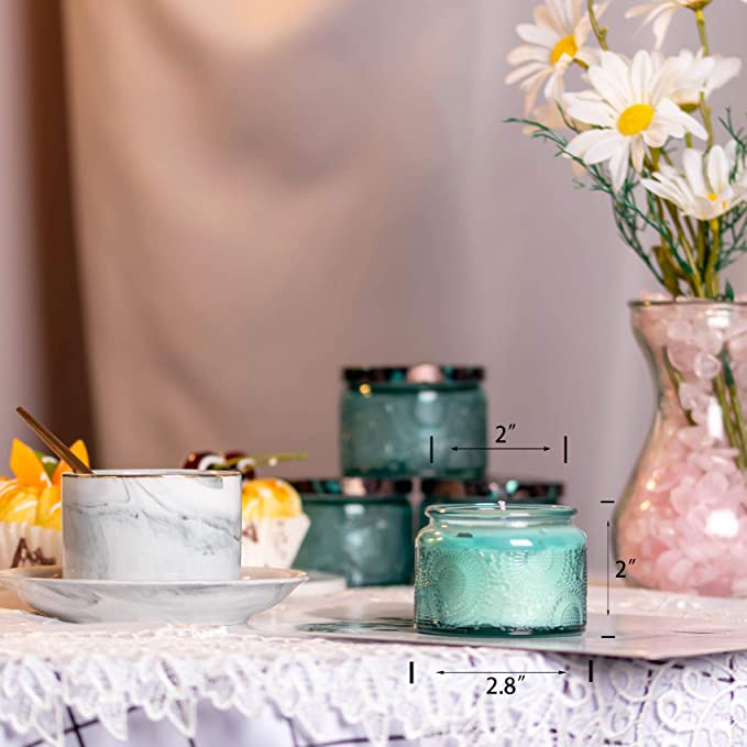 Blue Embossed Glass Candle Container jar with Tin Lid and Labels, 4 oz