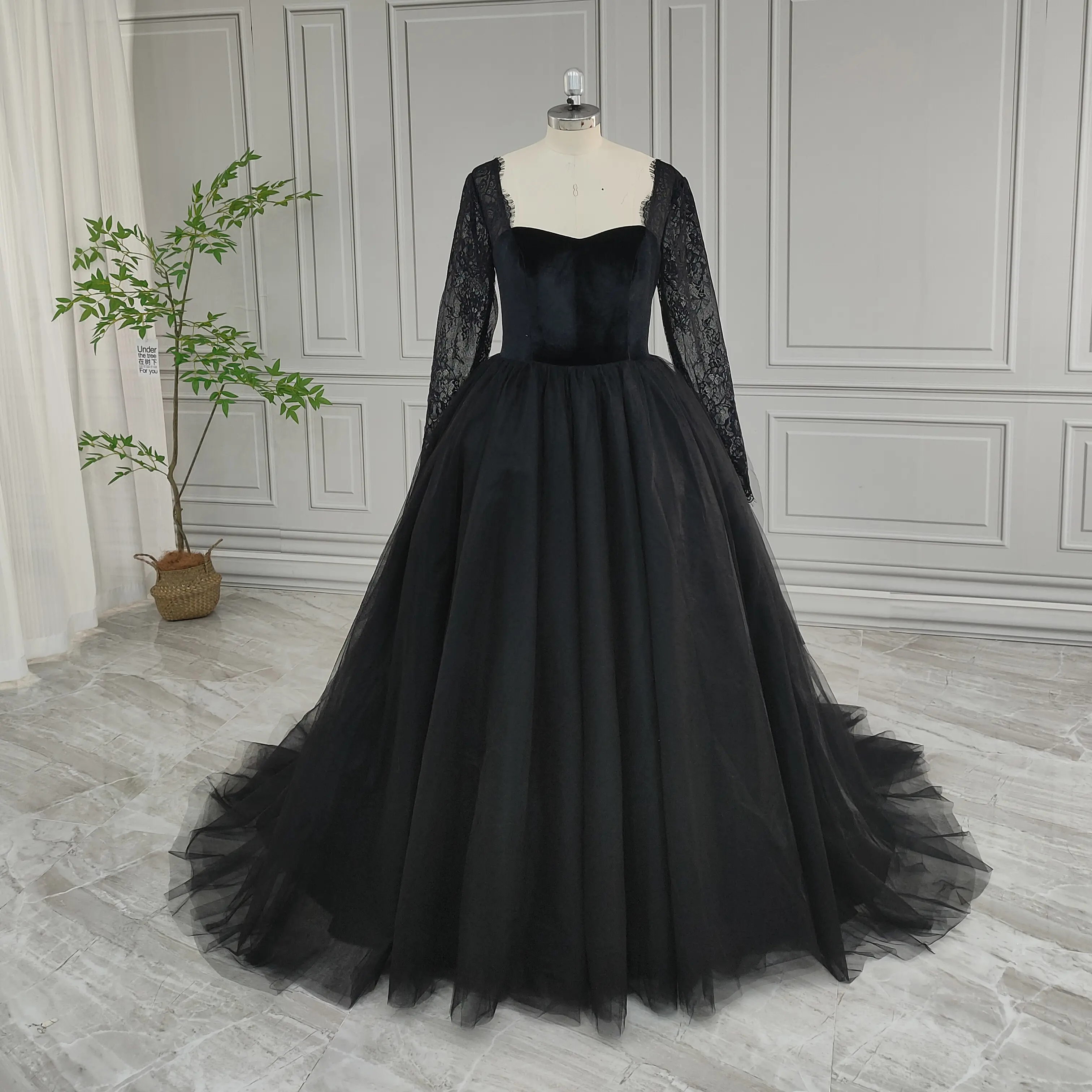 100% Real Photos High Quality Black Long Lace Sleeves A-line Tulle Wedding Dress Elegant Women Ball Gown Bride Dress For Wedding