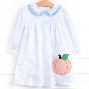 Applique di zucca Peter Pan collare con volant sorella abbinata per bambini vestiti blu Mini punto di cotone monogramma abiti per bambini - Product Image 4