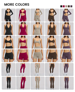 Ensemble de yoga 6 pièces personnalisé avec logo – Tenue de <span class=keywords><strong>sport</strong></span> respirante pour <span class=keywords><strong>femme</strong></span> : Crop top, leggings évasés, soutien-gorge et short d'entraînement - Product Image 3