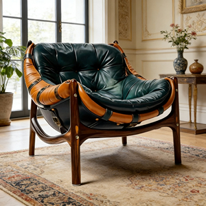 Sillón de Salón de Mediados de Siglo, Sillón de Cuero Marrón, Sillón Reclinable de Relajación, Sofá Individual para Sala de Estar, Sillón Vintage con Brazos de Madera - Product Image 4