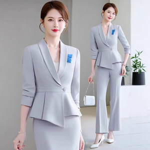 Professional Women's Suit Set Gray Polyester Long Sleeve Workwear For Office Hotel Beauty Salon Jewelry Store Spring 2026 - Product Image 1