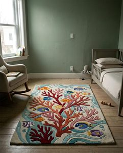 Tapis de sol en laine fait main motif corail et poissons, texture tuftée à la main, couleur rouge ivoire, style tropical, pour chambre d'enfant, chambre à coucher, chambre des enfants - Product Image 4