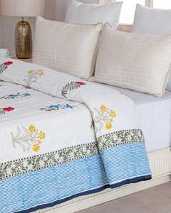 Couvre-lit Kantha réversible en coton blanc à motifs floraux, imprimé à la main, léger, couverture de lit - Product Image 3