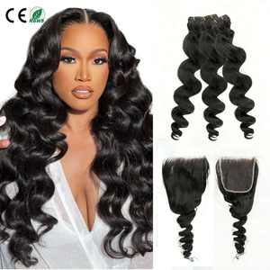 Extensiones de Cabello Humano Remy 100% Amygirl 4x4 HD con Cierre de Encaje, Ondulado Suelto, 3 Paquetes con Encaje HD - Product Image 1