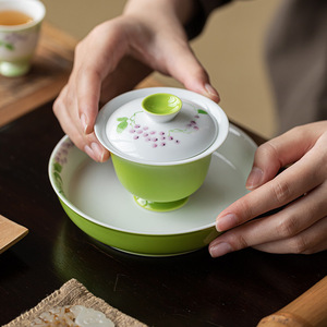 Guanlan Underglaze Painted Grape Gaiwan Porcelain Teacup With Lid Grass Green Hand Painted Kung Fu <b>Tea</b> <b>Set</b> Brewing Vessel - Product Image 3