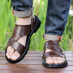 Cross-Strap Genuine Leather Sandals Men Open Toe Rubber Outsole Anti-Slip Casual <b>Beach</b> <b>Shoes</b> Solid Pattern Engraved Logo - Product Image 3