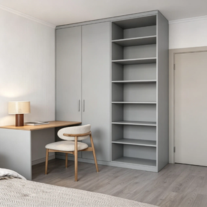 <span class=keywords><strong>Armadio</strong></span> su Misura Grigio e Legno <span class=keywords><strong>con</strong></span> Scrivania Integrata e Mensole Aperte per Progetti di Appartamenti e Hotel - Product Image 4