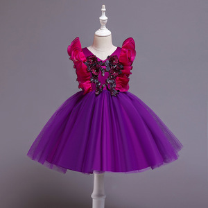 Robe de princesse rouge pour enfants, col en V, jupe en tulle, applique florale, robe de demoiselle d'honneur en forme de A - Product Image 3