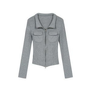 2025 Western Streetwear fermeture éclair <span class=keywords><strong>t</strong></span>-shirts femmes décontracté tout match à manches longues blanc haut uni mince <span class=keywords><strong>t</strong></span>-shirts hauts serrés Cardigan - Product Image 5