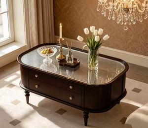 Vintage Dark Wood Coffee <b>Table</b> with Reeded Glass Top & <b>Drawers</b> Farmhouse Living Room Storage <b>Table</b> - Product Image 1