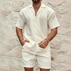 Men's Summer Casual Street Style Two-Piece Sets Breathable Knitted Cotton Lapel Button Shirt Shorts Solid Color <b>Tracksuits</b> Beach - Product Image 1