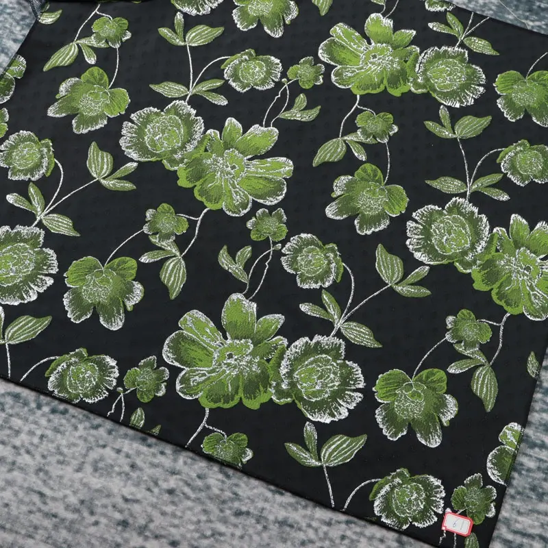 latest shinning damask polyester lurex metallic black green floral flower brocade jacquard fabric