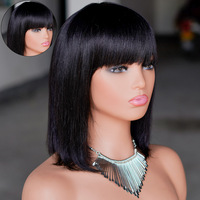Wig Bob Pendek Lurus Tanpa Lace, Rambut Manusia Mentah Kamboja Asli, Full Machine, Dengan Poni, Untuk Wanita Kulit Hitam, Tampilan Alami