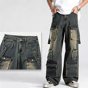 Jeans cargo baggy personnalisés, plusieurs grandes poches, denim foncé délavé rétro, jeans pour hommes, vêtements de travail en denim, jeans cargo - Product Image 1