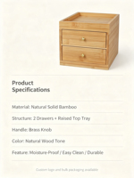 Organizador de Almacenamiento de Bambú Natural con 2 Cajones, Caja de Almacenamiento de Escritorio Multiusos para Cosméticos, Papelería, Té