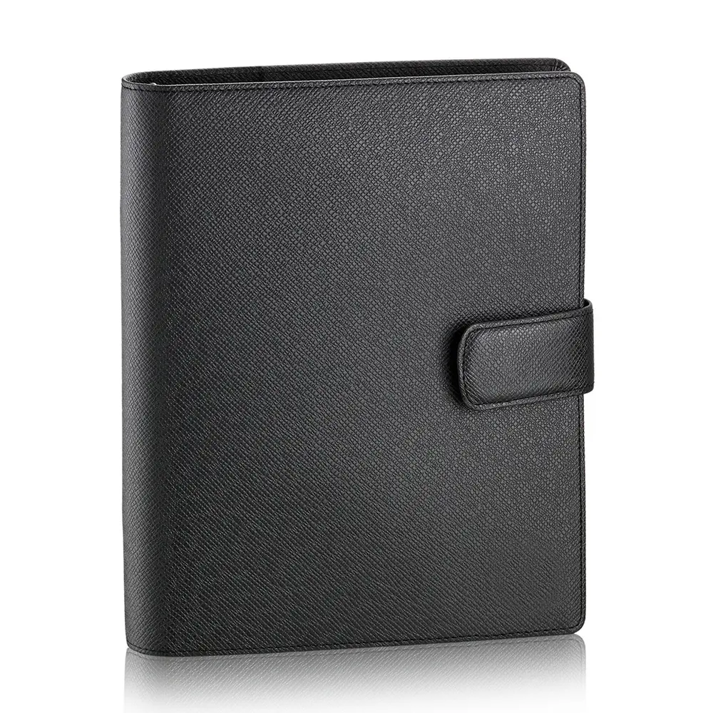 Caderno de couro preto personalizado, logotipo personalizado, 6 anel a5 b5 folhas soltas, planejador, diário, capa com bolso