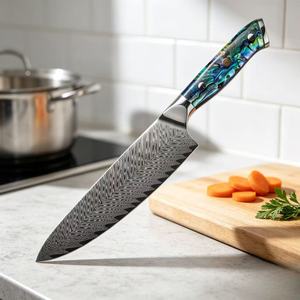 Couteau de chef Damas 8 pouces en acier VG10, lame affûtée, manche en nacre, emballage cadeau, outil de cuisine de luxe - Product Image 1