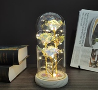 Transfrontalier naturel Real Touch 3 feuilles d'or Roses couvercle en verre fleur éternelle veilleuse fête des mères saint valentin noël