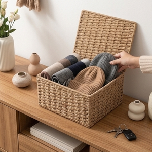 Caja de almacenamiento de hierba marina tejida naturalmente con tapa, cesta organizadora de mimbre hecha a mano para habitación de bebé, para juguetes, pañales, ropa y artículos diversos. - Product Image 5