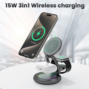 แท่นชาร์จไร้สาย 3 in 1 แบบพับได้ 15W พร้อมไฟ LED สำหรับโทรศัพท์ นาฬิกาอัจฉริยะ หูฟัง และวางบนโต๊ะ - Product Image 1