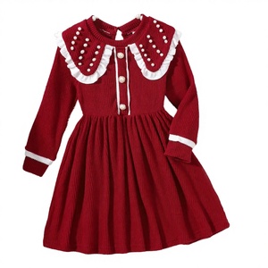 Vestido de punto plisado con cuello vuelto y manga larga para niñas, elegante, con volantes florales, hasta la rodilla, corte en A, para otoño 2026, de 4 a 7 años, venta al por mayor - Product Image 4