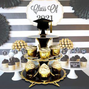 Decoraciones para Fiesta de Graduación DAMAI, Soporte para Pastel de Cartón de 3 Niveles en Negro y Dorado, Soporte para Exhibición de Postres para Suministros de Fiesta de Graduación - Product Image 2