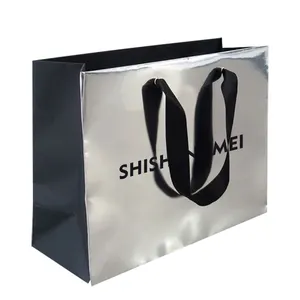 Luxury Merchandise 255 Grams Silver Card Custom Brand Name Paper Bag For Shopping Clothing Shoes