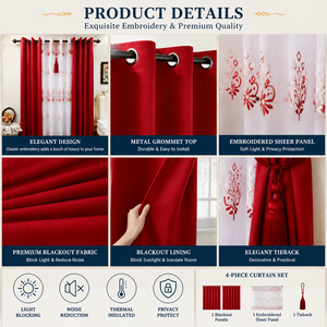 4-teiliges Set aus bestickten, transparenten Vorhängen mit Quasten und Ösen, Verdunkelungsvorhänge für das Wohnzimmer - Product Image 3