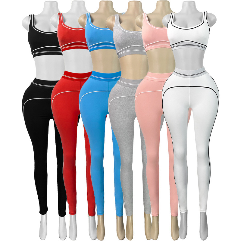 CN26082 Breathable Wrinkle-Resistant European American Fashion Women's Color-Blocking Striped Sports Vest Yoga Tight-Fitting Set