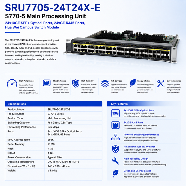 SRU7705-24T24X-E S770-5 Main Processing Unit, 24x10GE SFP+ Optical Ports, 24xGE RJ45 Ports, Hua Wei Campus Switch Module