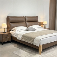 Cadre de lit rembourré à profil bas avec tête de lit en cuir, pieds en bois massif, lit plateforme moderne taille King ou Queen