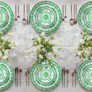 Assiettes de présentation florales vertes pour mariage, ensembles d'assiettes à dîner vertes et blanches en porcelaine fine - Product Image 6