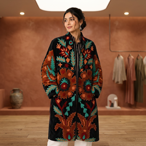 Manteau en velours Suzani brodé à la main pour femme, motif floral Paisley noir, veste longue ouverte sur le devant, style bohème, vêtement d'extérieur d'hiver, vente en gros - Product Image 2