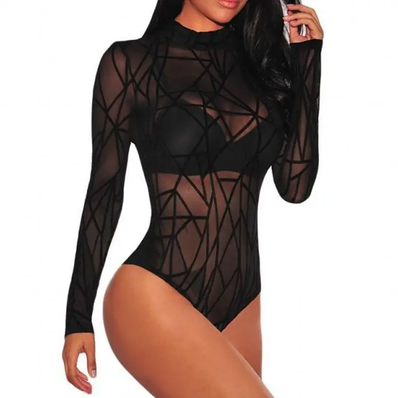 Hotsale Women Nightclub Clothing Hollow Out Design Mesh Long Sleeve Fashion Tops Black Velvet Bodysuit