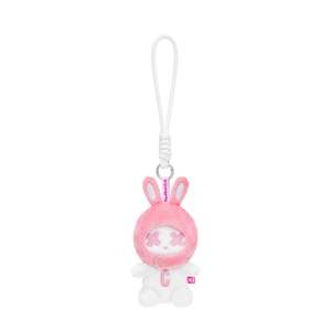 Porte-clés Mascotte Lapin Hiver en Peluche Douce Blanche avec Détail Brodé Tenue Rose Lait et Anneau Métallique - Product Image 2