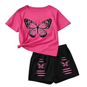 Pink Girls 2Pcs Set Comfortable Customizable Short Sleeve T-Shirt Butterfly Print Elastic Waist Shorts Casual All-Season Outfit - Product Image 1