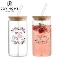 Ensemble de verres personnalisés en verre transparent de 16 oz, style bocal Mason, pour bière et boissons de Noël, avec couvercle en bambou et paille, design personnalisé, vente en gros